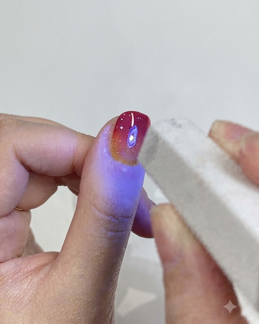 Una mini lampada UV/LED che emette una luce blu su una mano durante il processo di polimerizzazione del gel.