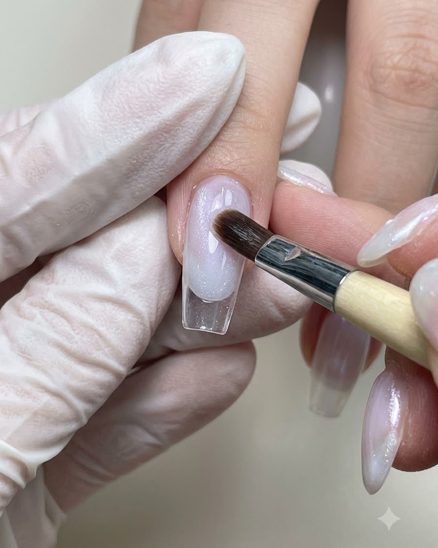 Una mano guantata che utilizza un pennello sottile per sfumare senza problemi i gel colorati viola chiaro e rosa su unestensione per unghie.