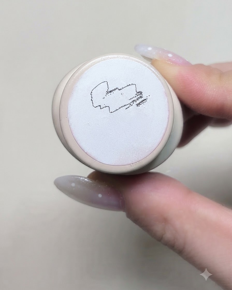 Letichetta inferiore di un contenitore di gel per nail art cremoso che mostra i dettagli del prodotto e i campioni di consistenza.