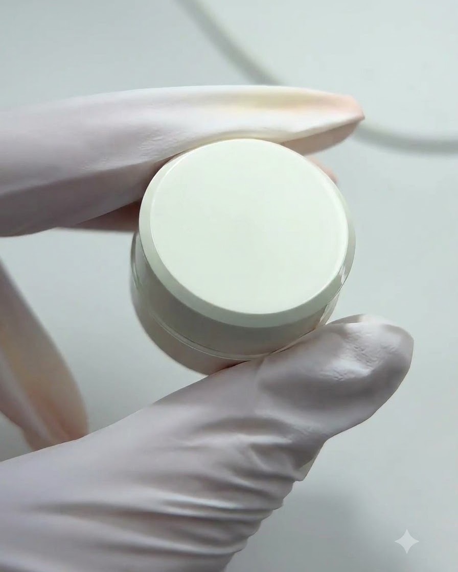 Un blocchetto spugnetta carico di polvere di pigmento arancione tamponato su una tip per unghie.