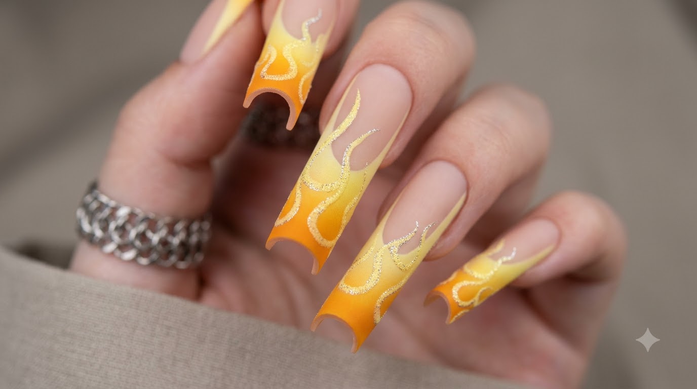 Unghie con Fiamma Arancione e Dettagli in Glitter Argento — Tutorial Passo dopo Passo