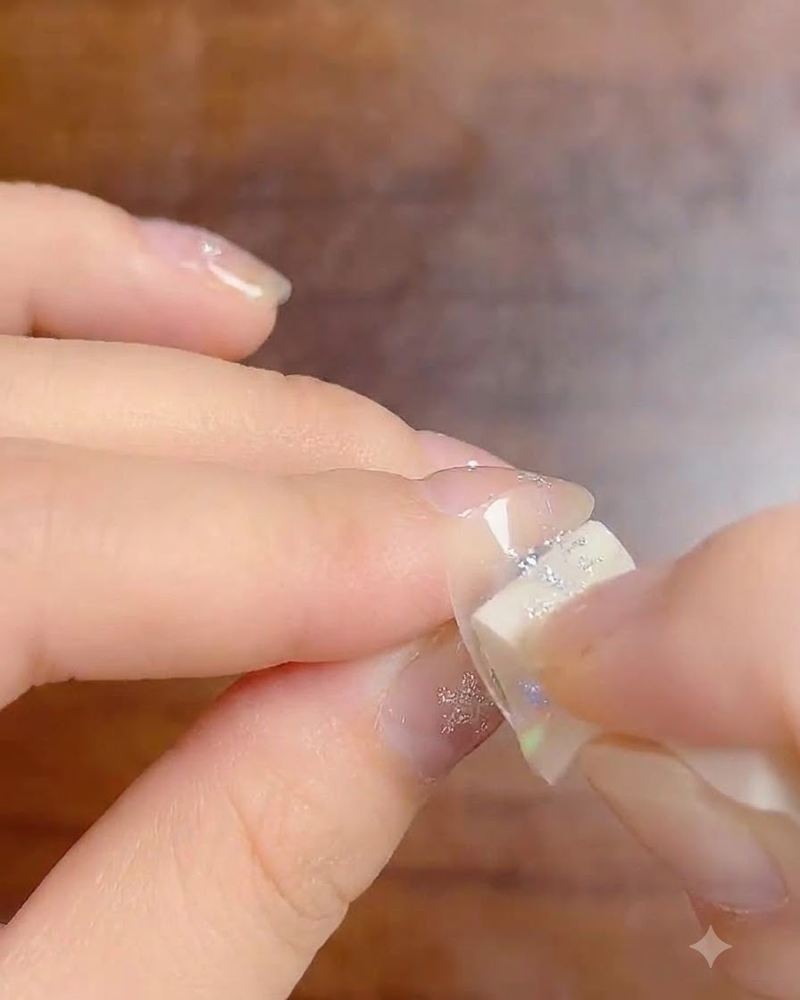 Una piccola spugnetta per il trucco che applica il gel sfumato bianco lattiginoso sulla punta di ununghia.