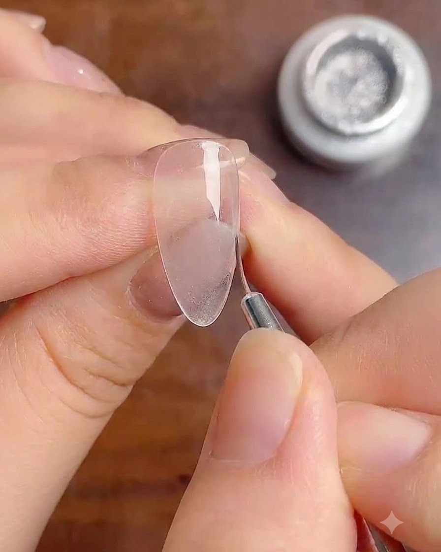 Un pennello a punta fine che disegna sottili linee verticali in glitter argento lungo il centro di ununghia.