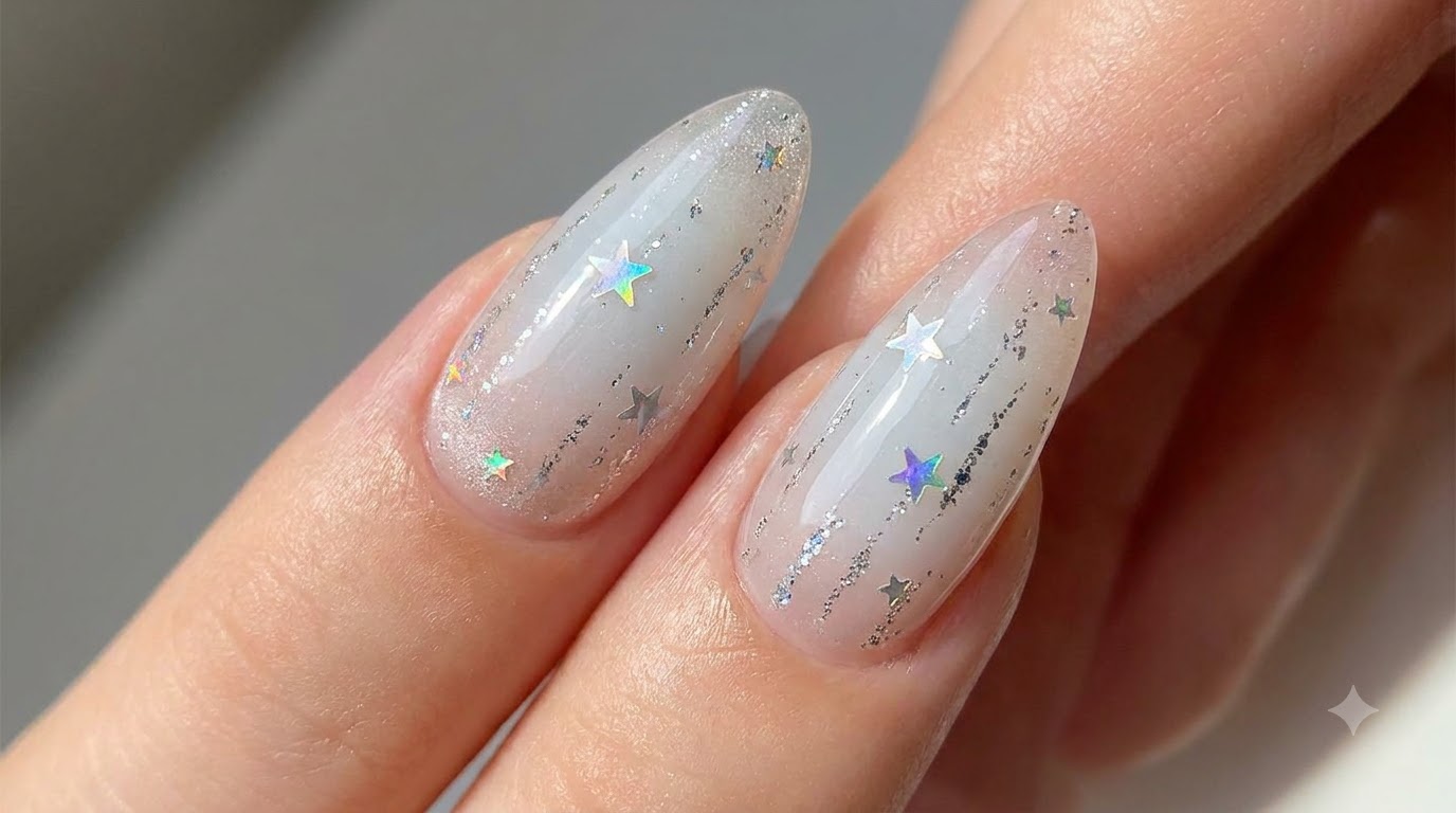 Unghie Gel Sfumate con Stelle Argentate — Tutorial Ombre Bianco Lattiginoso