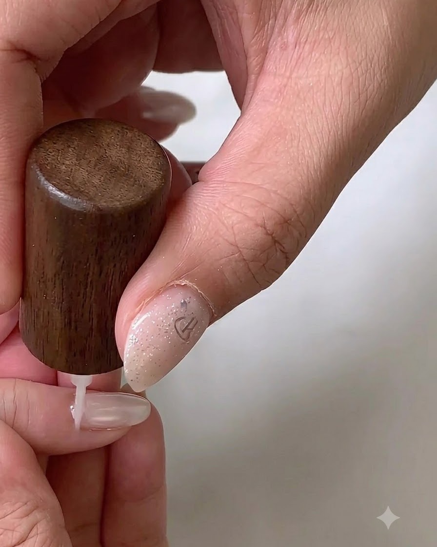 Un pennello piatto per gel applica uno strato base di gel bianco su ununghia naturale.