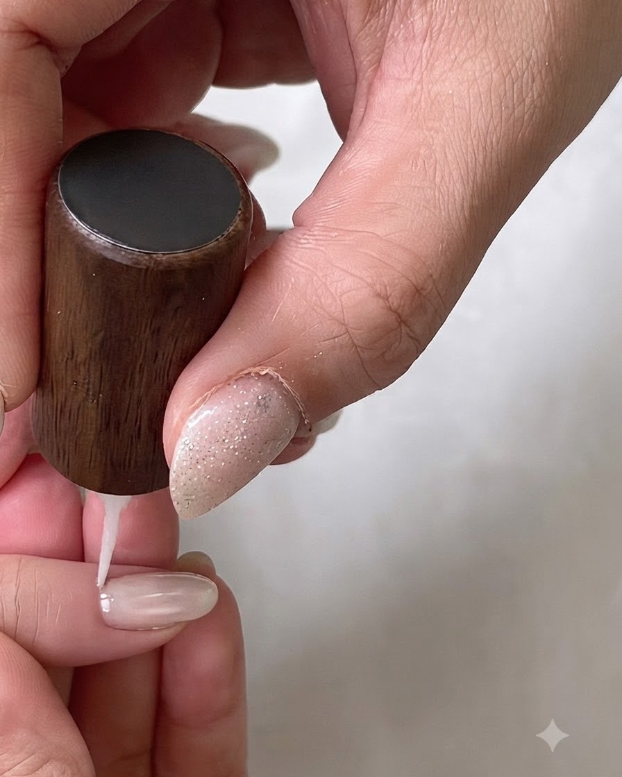 Un dotting tool posiziona piccoli punti marroni su una base per unghie chiara.