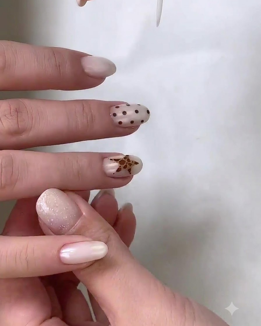 Un pennello liner sottile aggiunge intricati dettagli di stampa leopardata allinterno di un design di nail art a forma di stella.