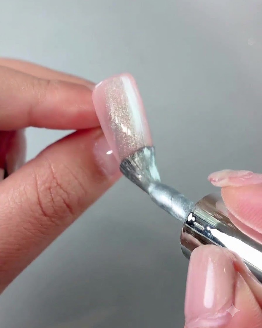 Uno strumento magnetico tenuto vicino ai lati di ununghia per spingere e modellare le particelle cat-eye in unampia fascia.