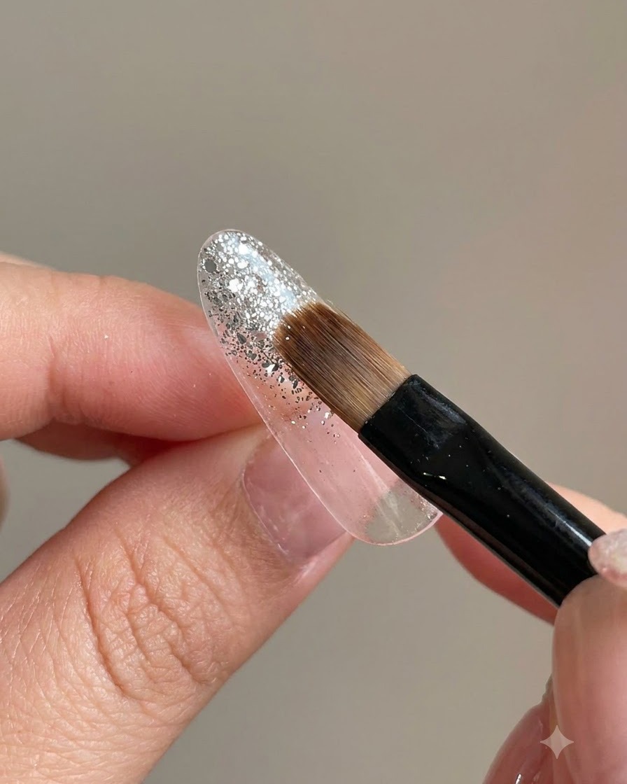 Un pennello a ventaglio piatto tenuto a unangolazione di 45 gradi che sfuma i glitter argento verso il basso creando un gradiente.