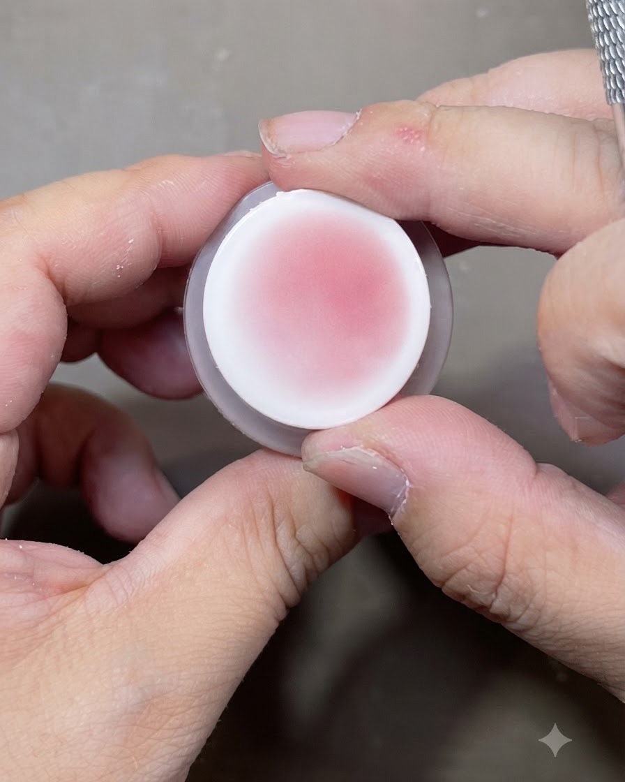 Un timbro per unghie a cuscinetto carico di pigmento blush rosa tenue, tenuto tra le dita prima dellapplicazione.