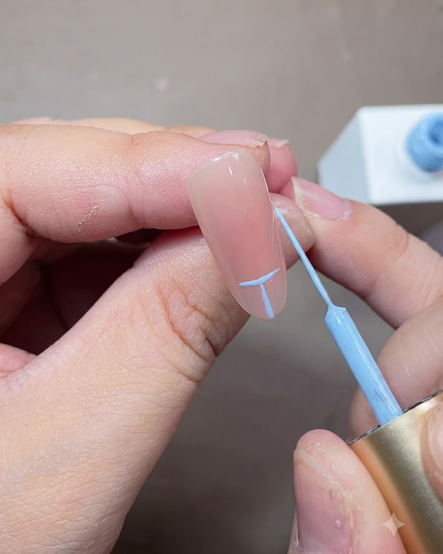 Un pennello sottile che disegna linee guida azzurre su ununghia nude per pianificare la forma della French tip.