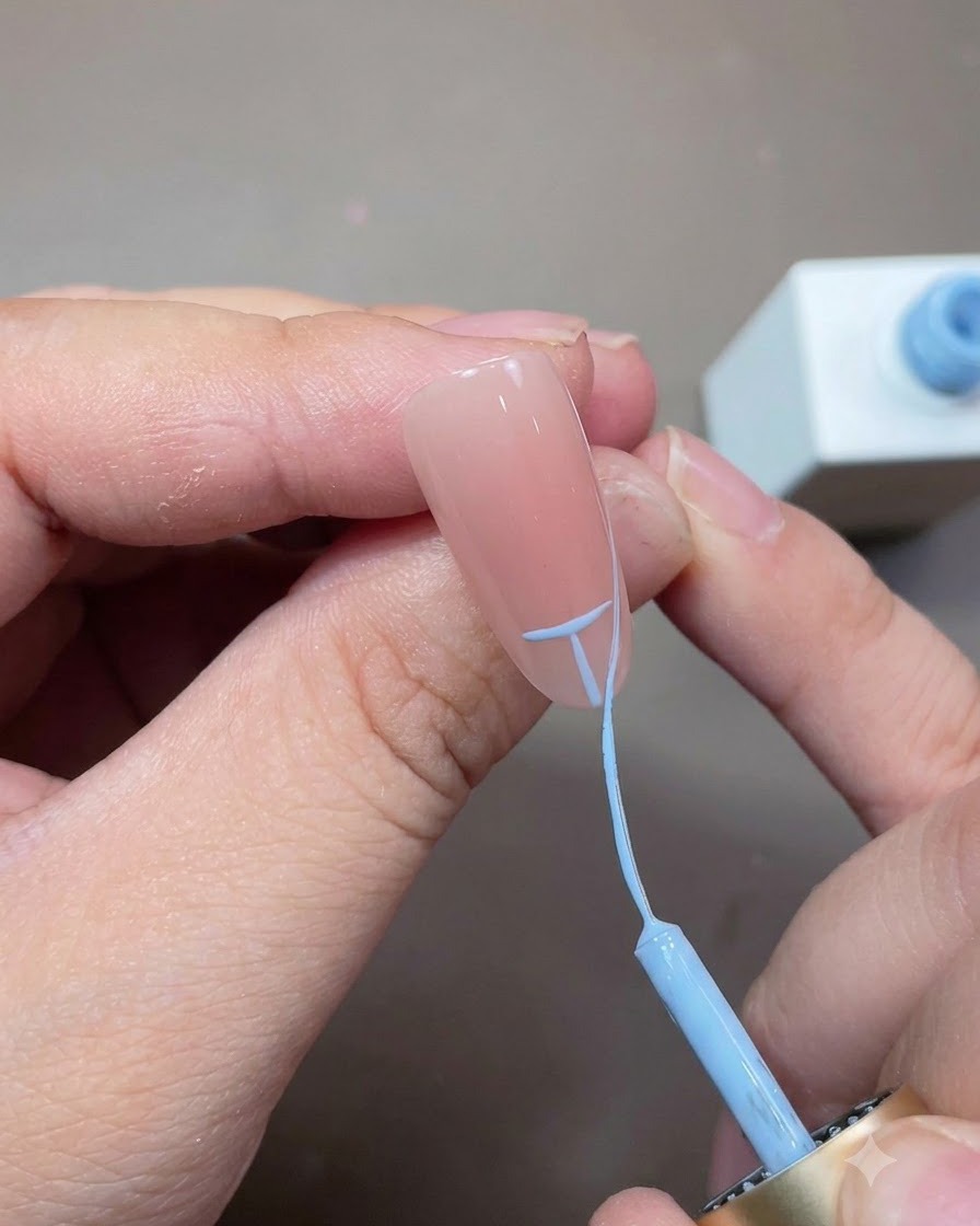 Un pennello sottile che unisce le linee guida blu per creare un arco French pulito e liscio attraverso lunghia.