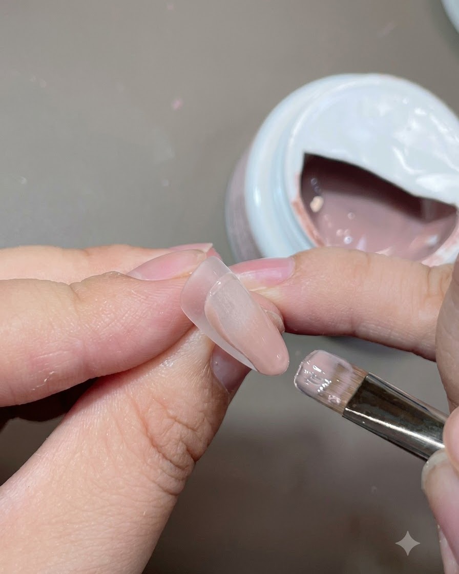 Un pennello da gel piatto che applica un colore base nude su una tip per allungamento unghie.