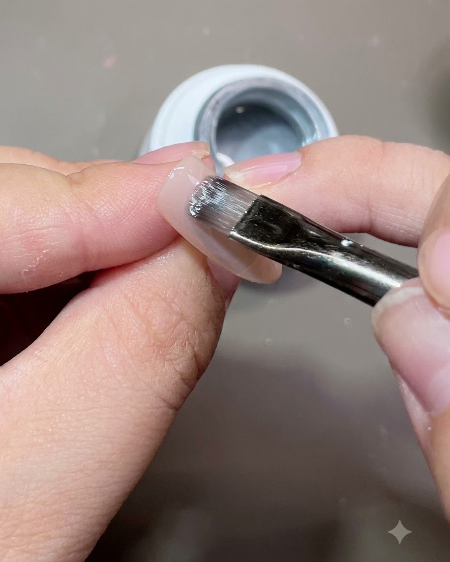 Un pennello che applica il gel cat eye traslucido sulla superficie di ununghia curata.