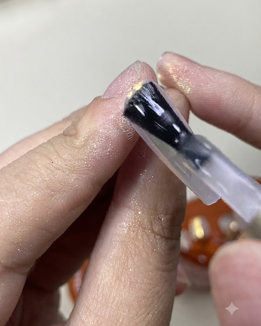 Un pennello che stende un top coat opaco sopra la finitura dellunghia con polvere aurora scintillante.