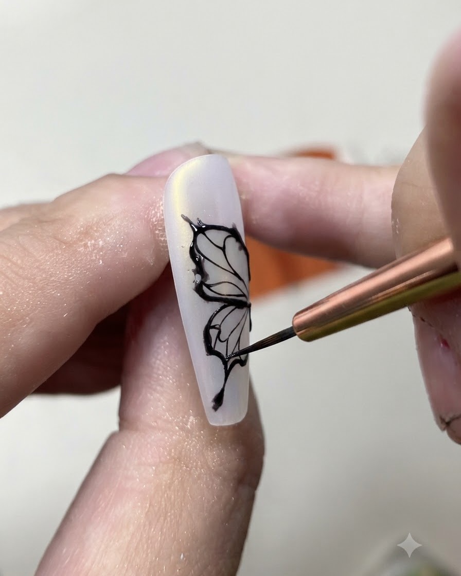 Un pennello liner sottile che disegna il delicato contorno nero delle ali di farfalla su ununghia bianco opaco.