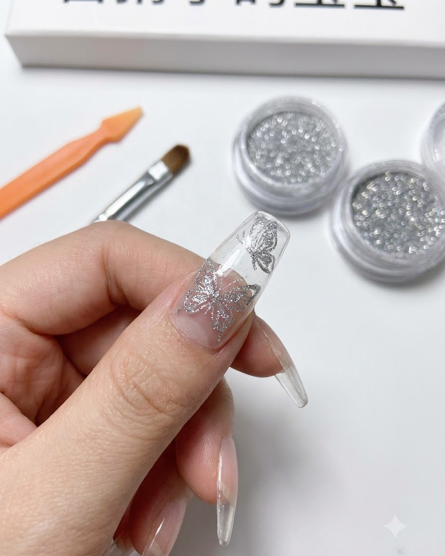 Polvere cromo argento applicata direttamente sulle linee nere polimerizzate della farfalla su ununghia.