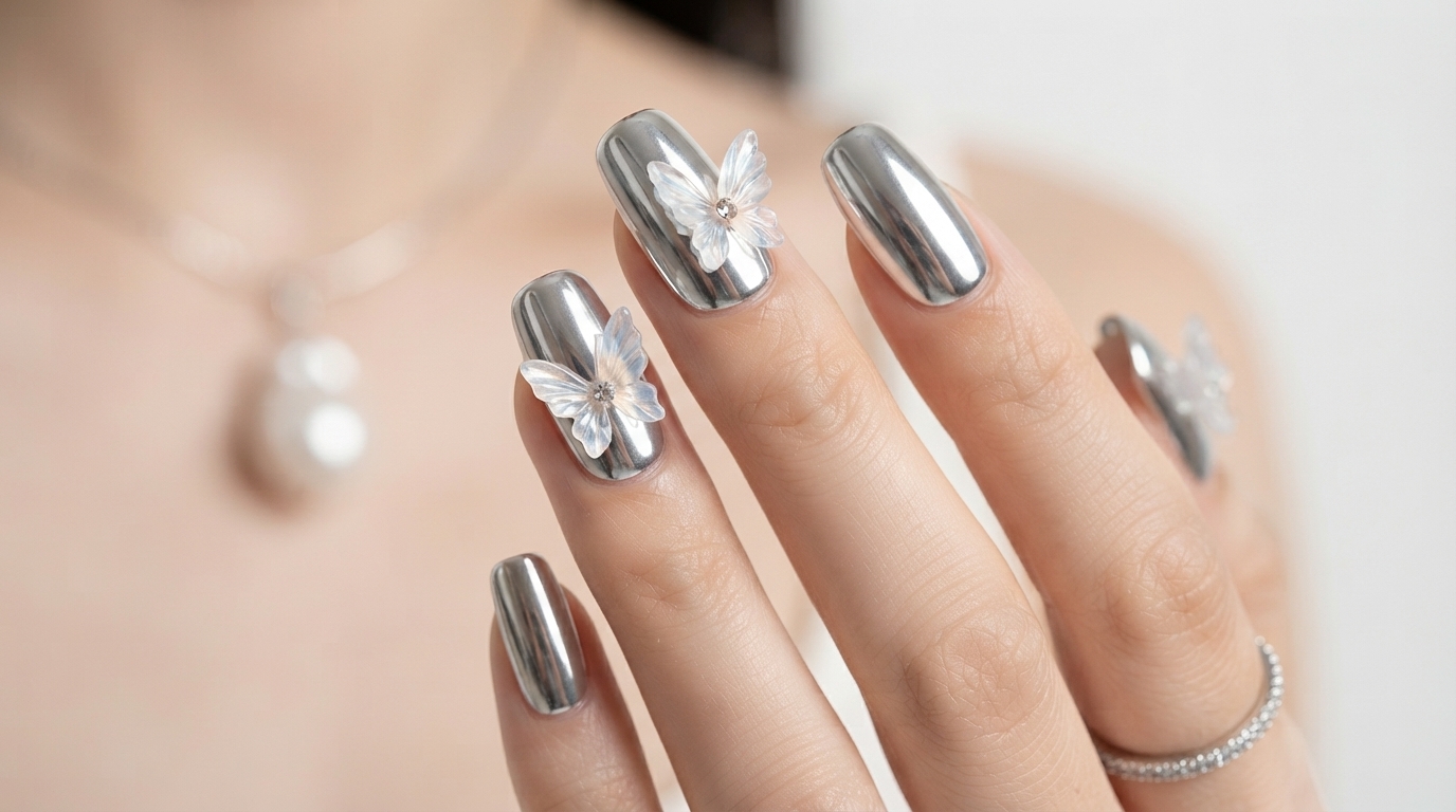 Unghie Effetto Specchio Argento con Farfalle — Tutorial Passo dopo Passo