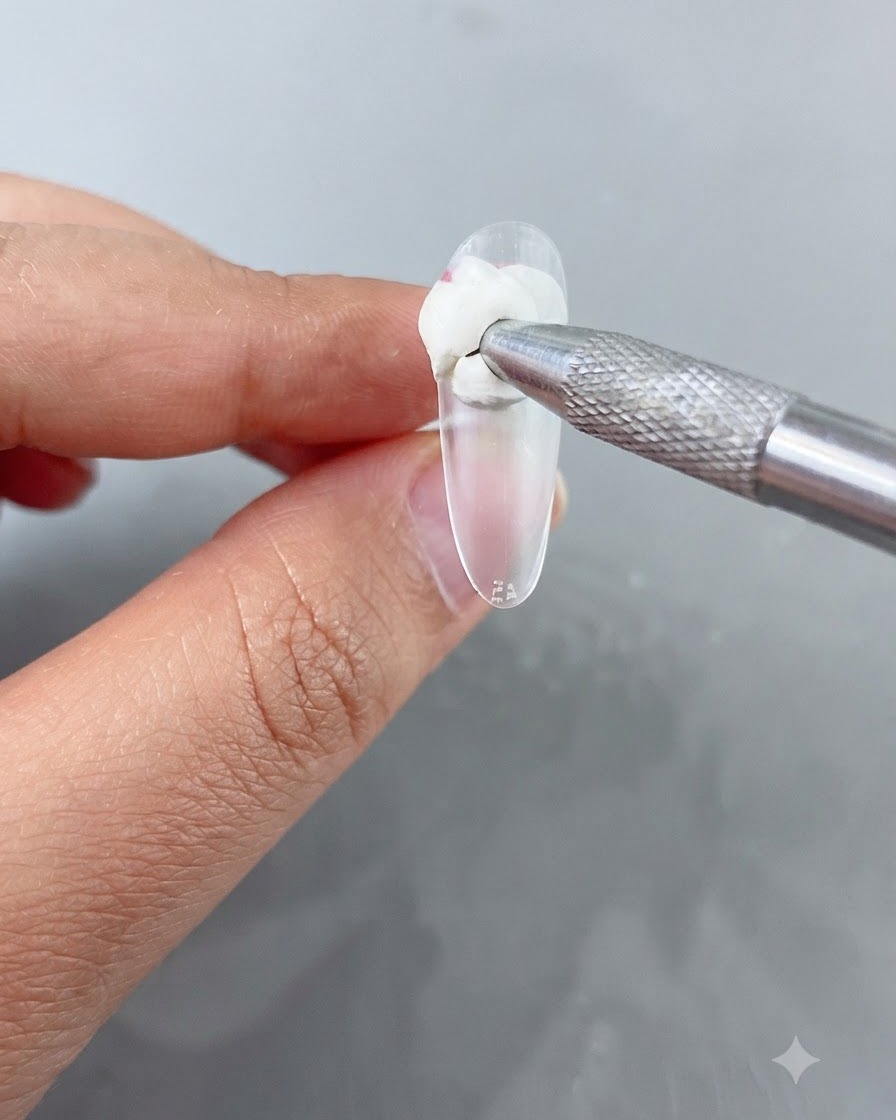 Primo piano di uno strumento in metallo che applica del gel patting bianco sul margine libero di una tip trasparente.