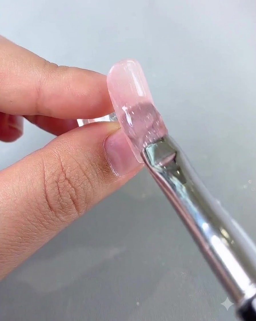 Un pennello che fa scivolare un gel cat-eye traslucido e brillante sopra una base per unghie rosa.