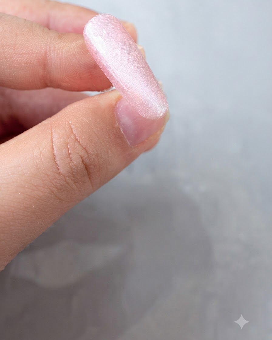 Primo piano di ununghia rosa che mostra un riflesso cat-eye concentrato e luminoso a forma di goccia.