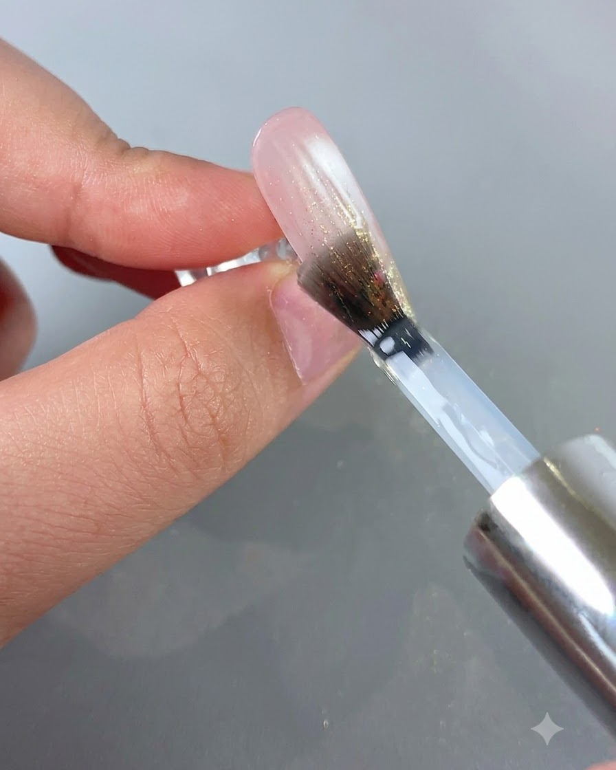 Un pennello per unghie che applica un top coat trasparente su un design per unghie sfumato e glitterato.