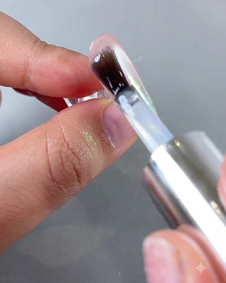Un pennello che applica un top coat trasparente su una superficie di unghia cromata aurora brillante.