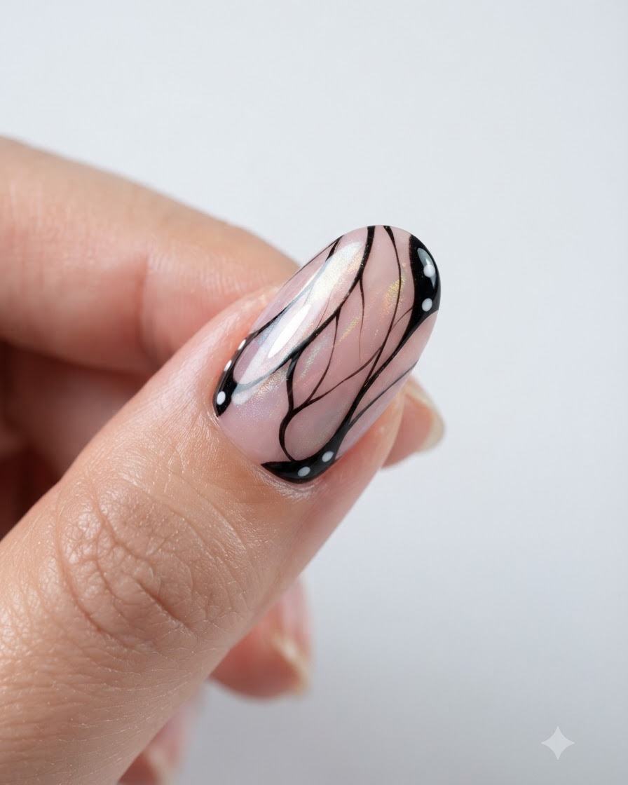 Ununghia finita che mostra complesse linee di ali di farfalla nere e bianche su una base cat-eye aurora.