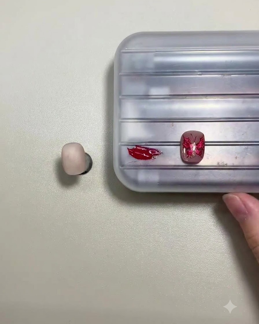 Primo piano di un pennello da unghie che preleva gel rosso scuro da una tavolozza accanto a ununghia decorata.