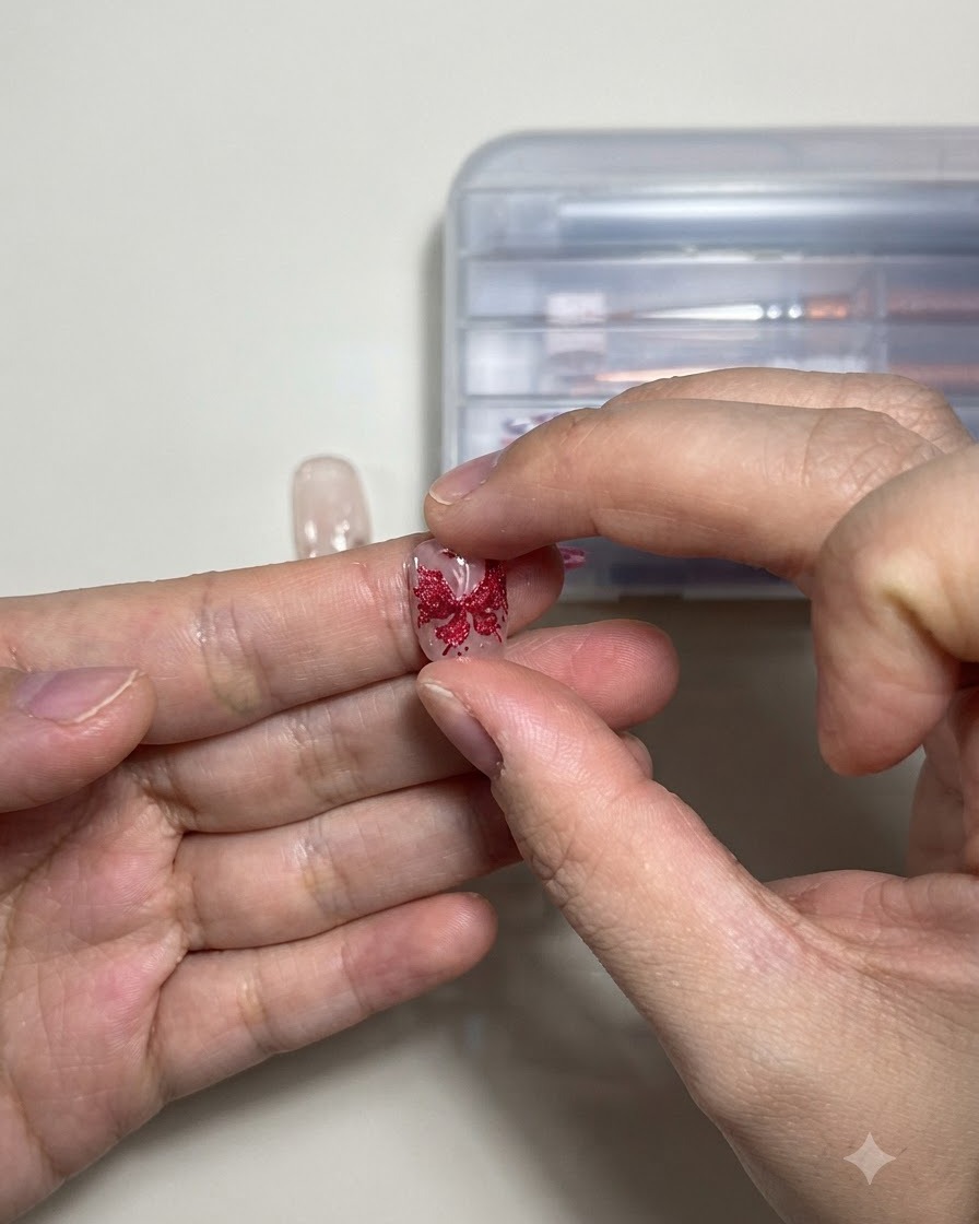 Primo piano di una mano che tiene una tip con il contorno dettagliato di una farfalla con glitter rossi.