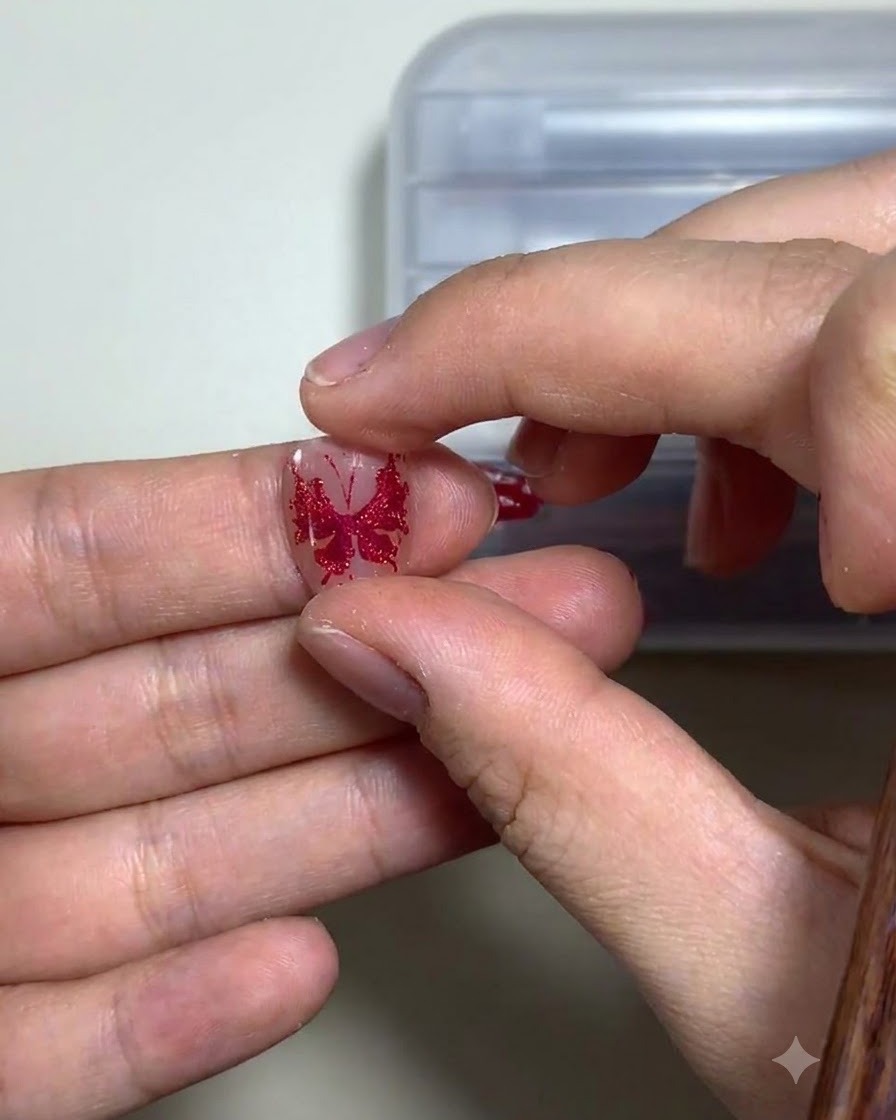 Un pennello morbido che passa delicatamente su un design di farfalla rossa polimerizzato per rimuovere le particelle libere.