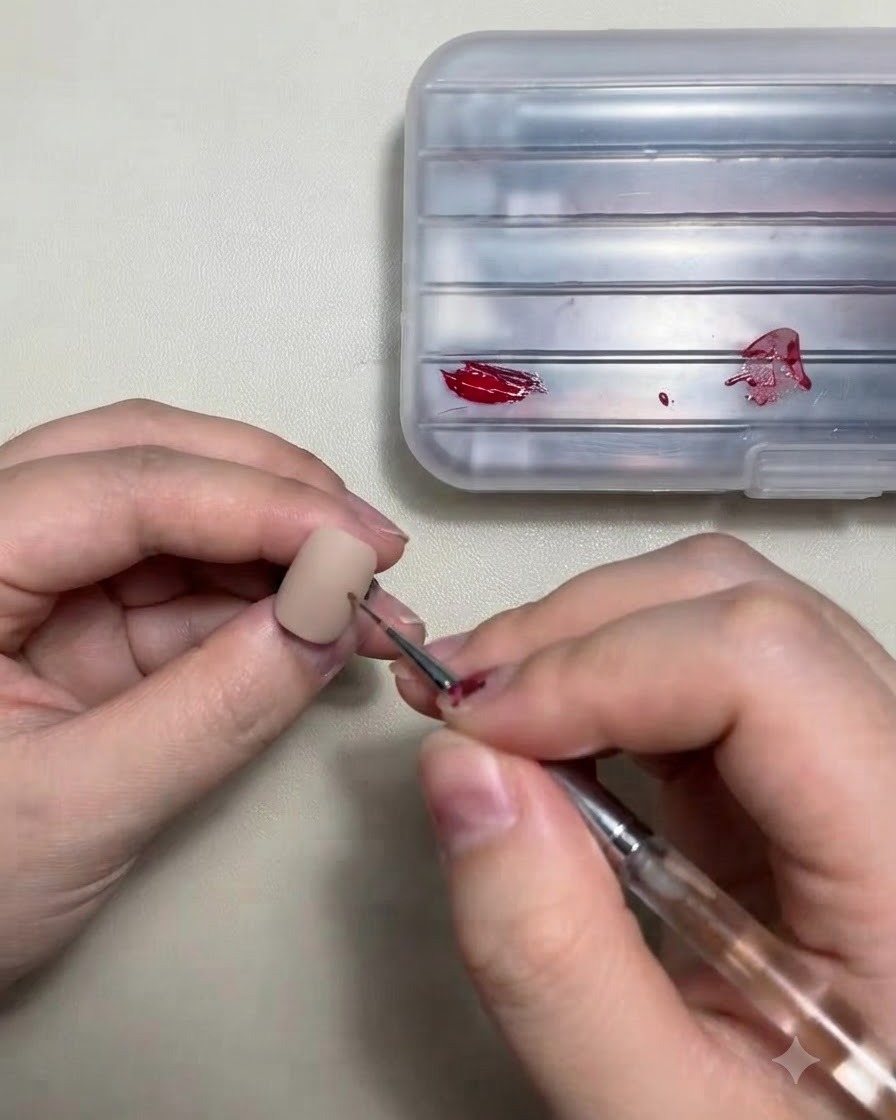 Un pennello sottile che applica il gel rosso sulla superficie di ununghia di prova color nude.