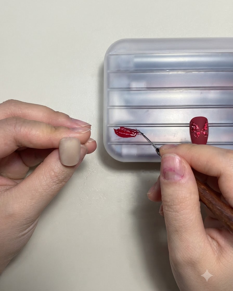Un pennello che applica uno strato di top coat lucido su un design di nail art a farfalla completato.