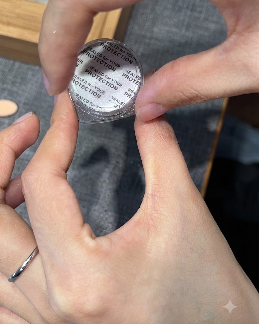 Un applicatore in spugna che preleva polvere specchiata cromo argento da un piccolo contenitore.