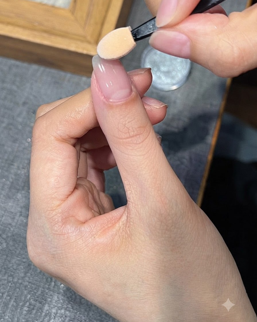 Un applicatore in spugna che sfuma la polvere cromo argento sulla punta di ununghia.