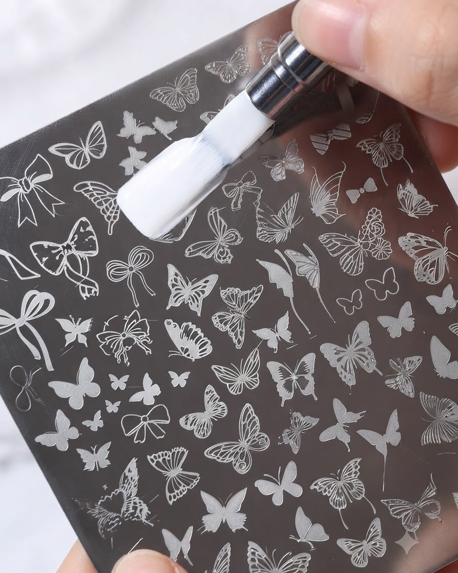 Un raschietto in metallo tenuto inclinato che spazza un disco da stamping in metallo pieno di gel bianco.
