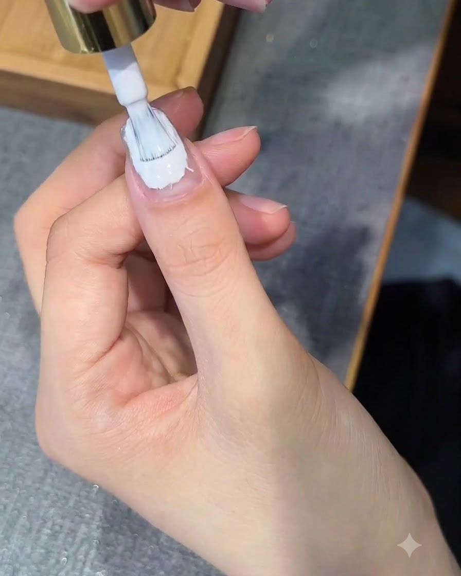 Un pennello da unghie che applica un top coat trasparente sopra ununghia decorata.