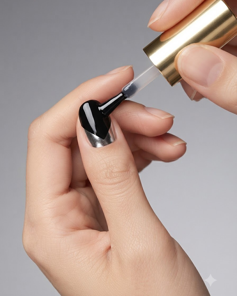 Una mano manicurata con top coat in fase di polimerizzazione sotto una lampada UV o LED per unghie.