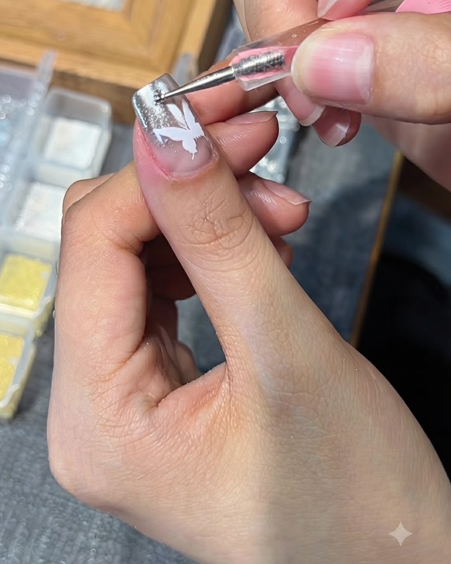 Un dotting tool che posiziona un piccolo strass su ununghia decorata con un disegno di farfalla bianca.
