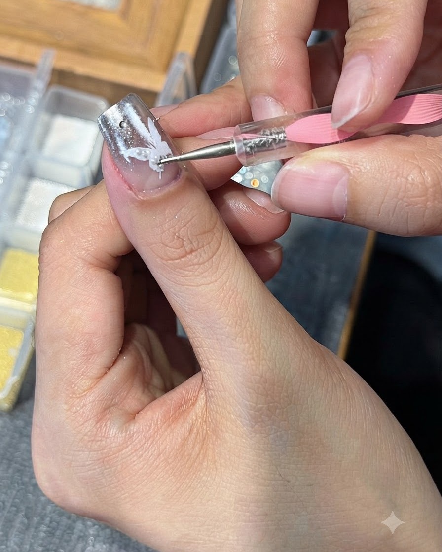 Uno strumento che posiziona minuscole sfere dacciaio argentate e piccole perle sul design delle ali di farfalla di ununghia manicurata.