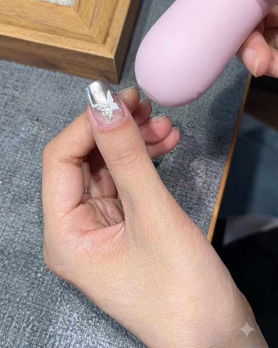 Una mano manicurata che tiene ununghia sotto una lampada di polimerizzazione UV/LED rosa.