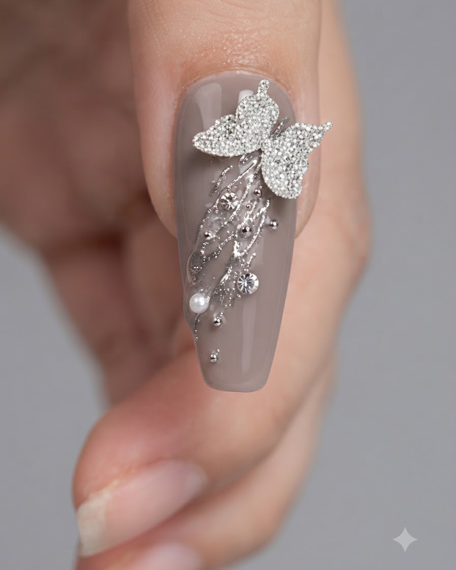 Un primo piano di un pennello per unghie che applica il top coat attorno alle decorazioni a farfalla e strass su ununghia grigia.