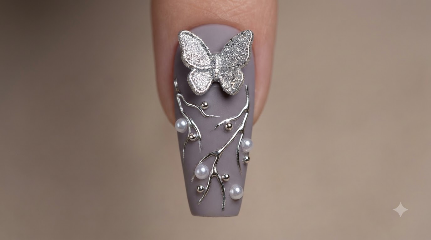 Nail Art con Farfalla e Fiume Stellato Argento — Tutorial Elegante con Strass 3D