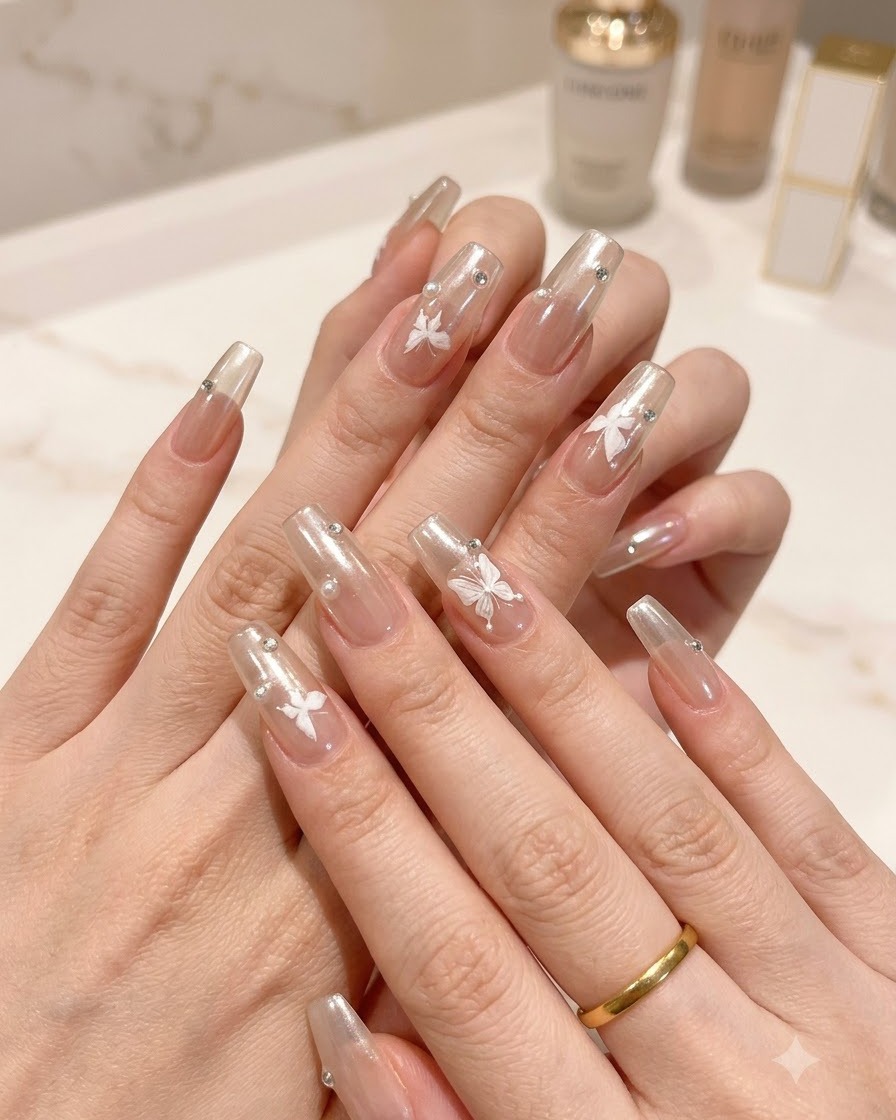 Fotografia macro di mani curate che evidenziano intricati charm di cristallo e nail art con farfalle.