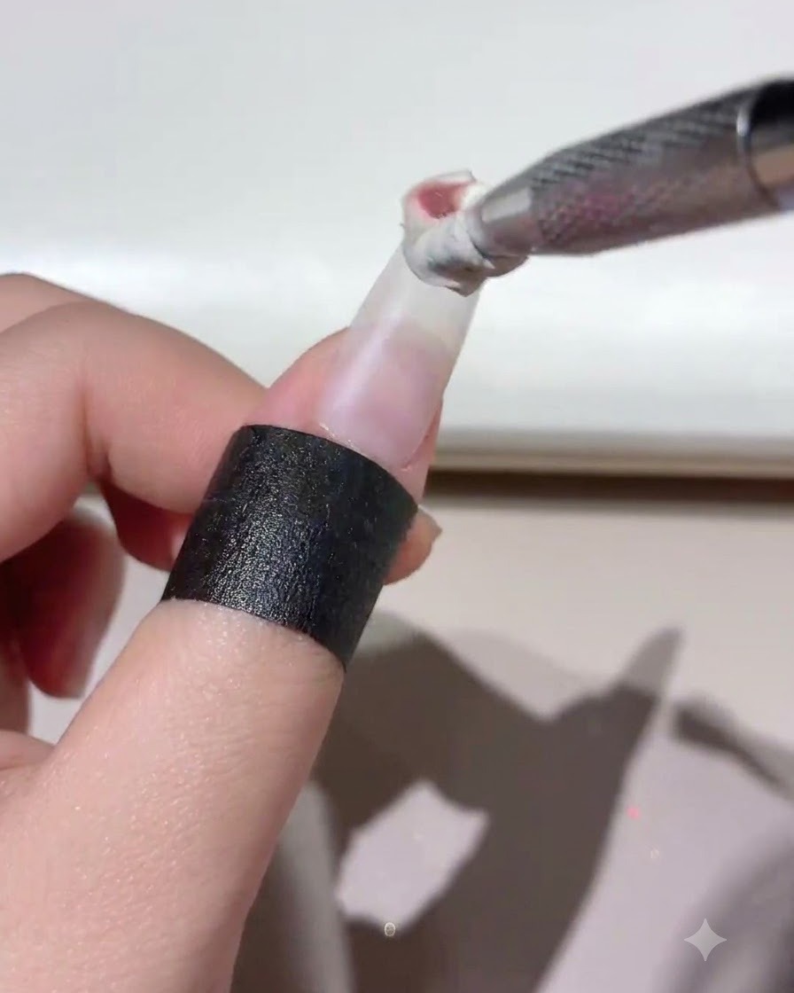 Uno strumento per unghie che applica il gel bianco lungo la linea inferiore delle cuticole di unestensione per unghie trasparente.