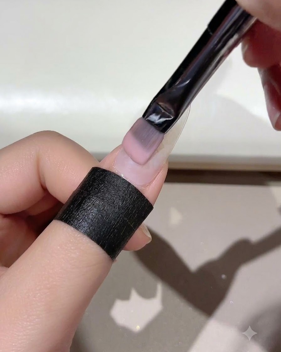 Un pennello che applica uniformemente il gel rosato Jade D05 su tutta la superficie dellunghia.