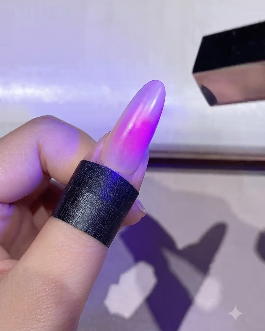 Ununghia con un centro blush rosa polimerizzato sotto la luce della lampada.