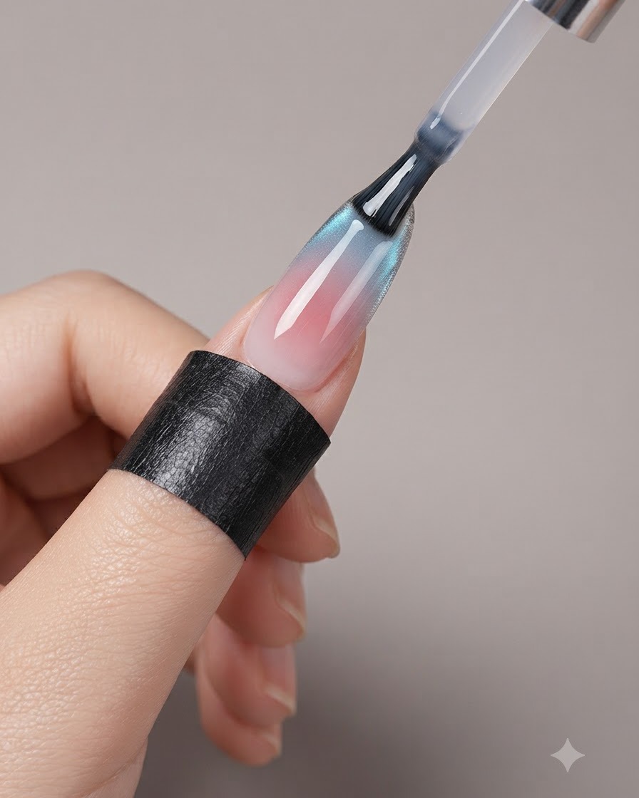 Un pennello per unghie che applica un top coat trasparente lucido su una manicure French cat-eye finita.