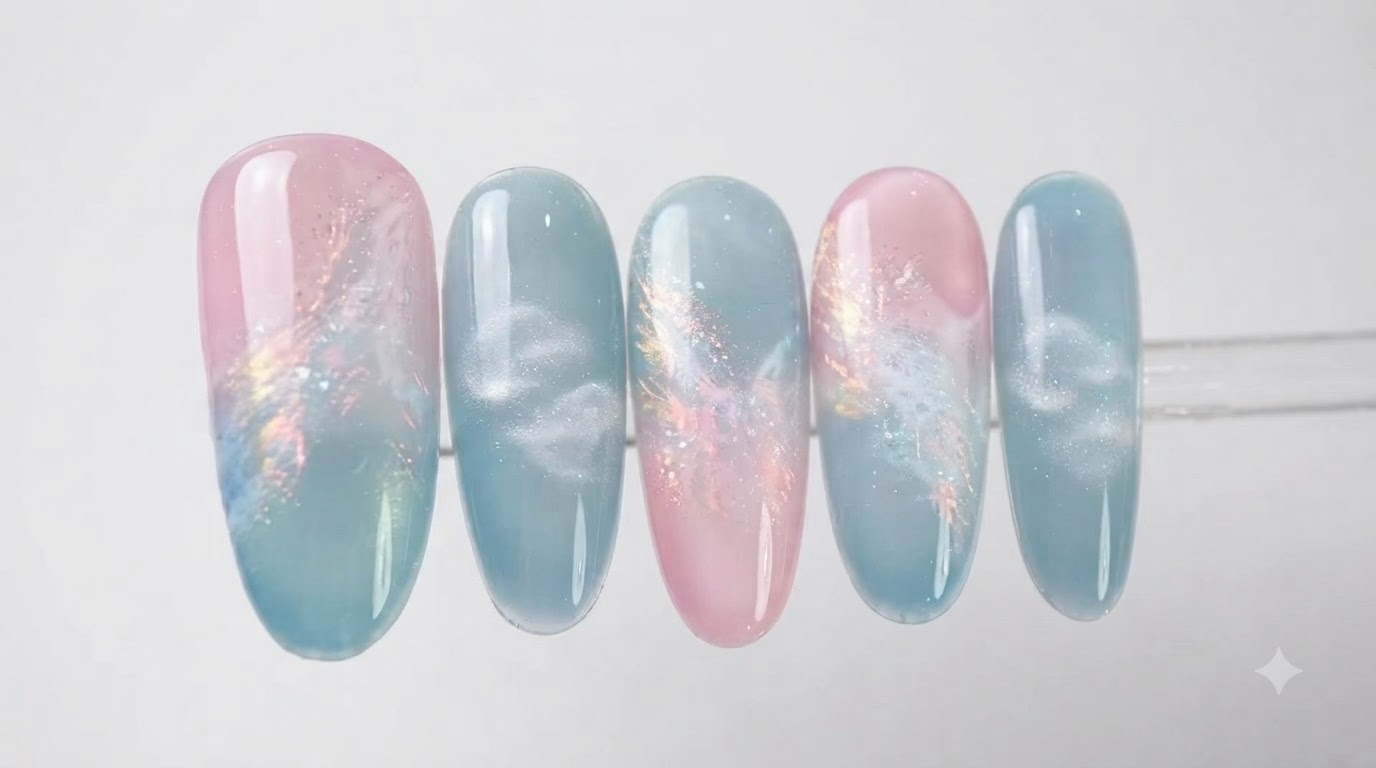 Nail art sfumato effetto nuvola rosa e blu con cat eye — Tutorial passo dopo passo