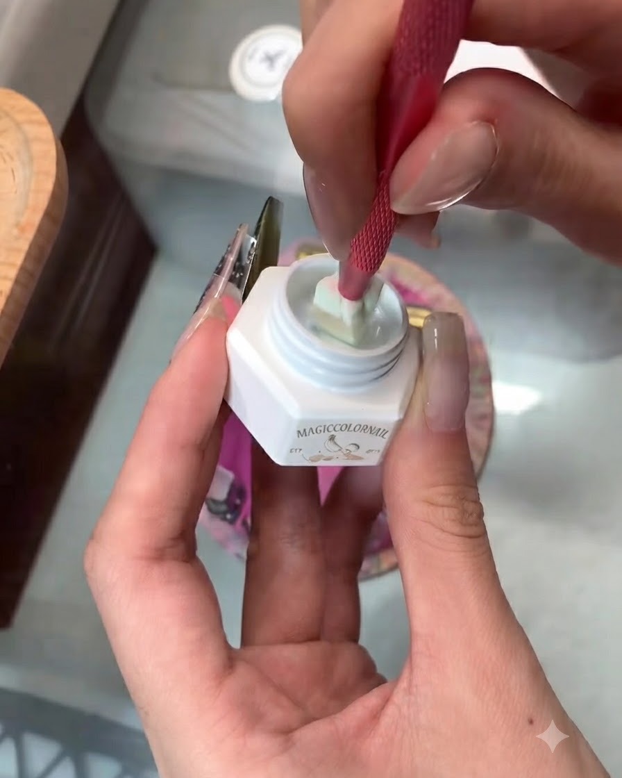 Un pennello da manicure applica il gel bianco neve sulla punta di ununghia finta da esposizione.